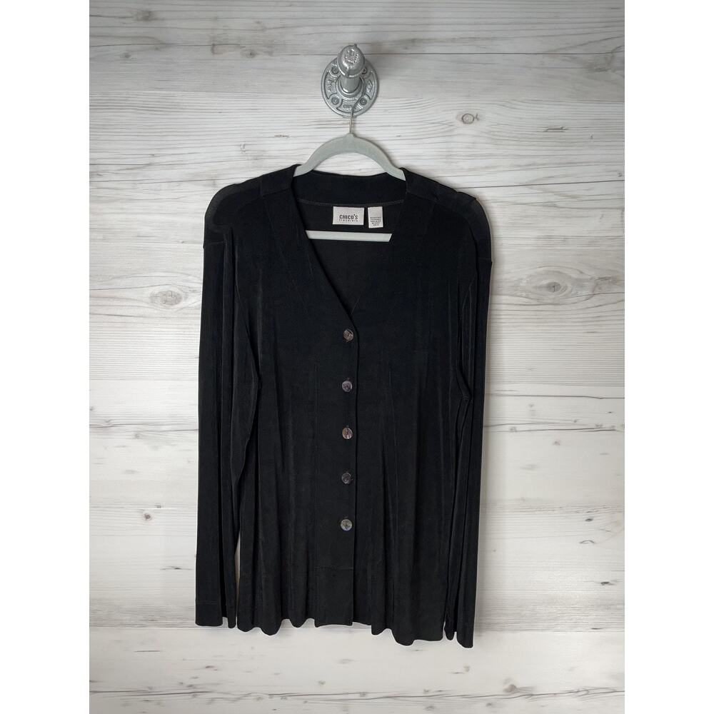 Chicos Travelers Shirt Womens Large Black Button Front Long Sleeve V-Neck Top